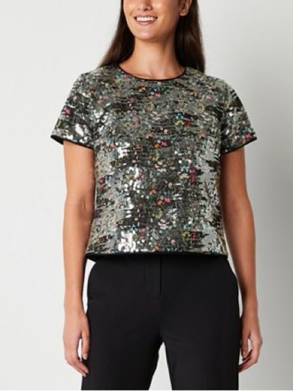 Sequin Short Sleeve Boxy Top in Silver with Multicolor Accents